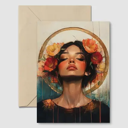 Woman Floral Crown Gold Halo Oil Painting