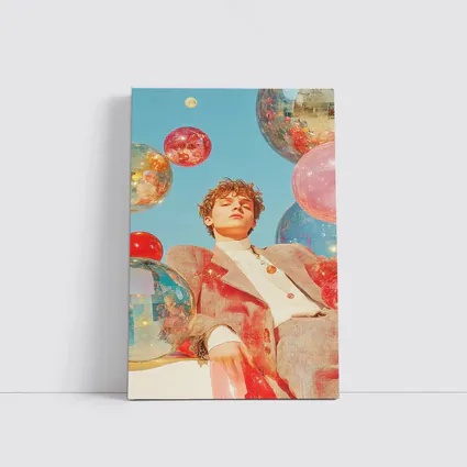 Young Man Floating Colorful Spheres Sky