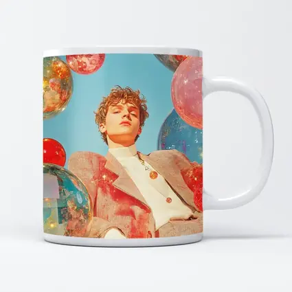 Young Man Floating Colorful Spheres Sky