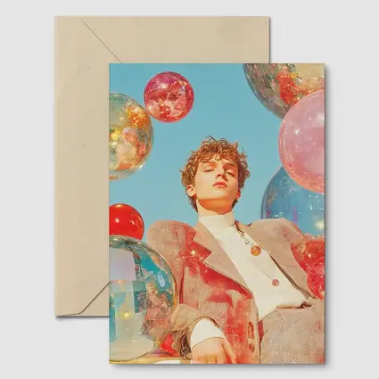 Young Man Floating Colorful Spheres Sky