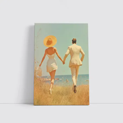 Couple Holding Hands Walking Toward Ocean