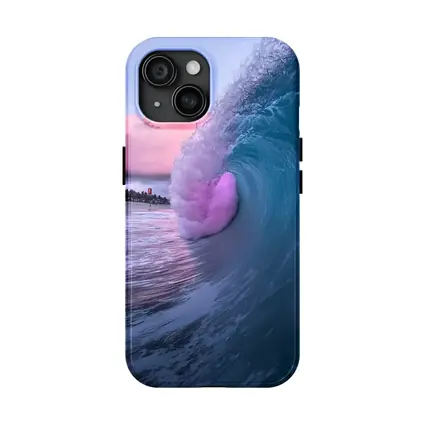 Teal Ocean Wave Pink Sunset Sky