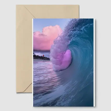 Teal Ocean Wave Pink Sunset Sky