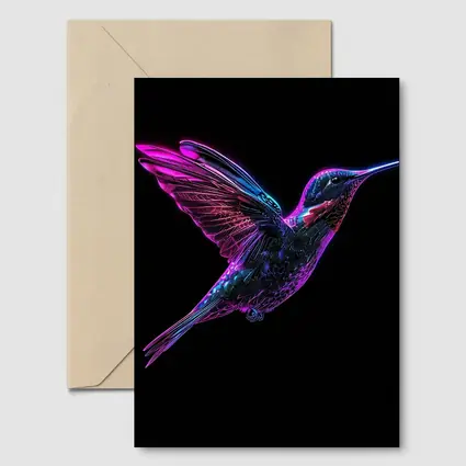 Neon Hummingbird Flying on Black Background