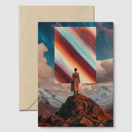 Woman Standing Mountain Cosmic Abstract Art Portal