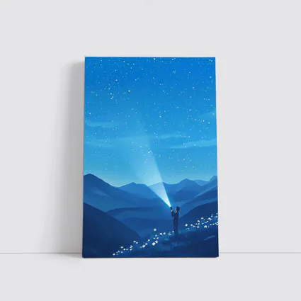 Boy Shining Flashlight Into Starry Night Sky