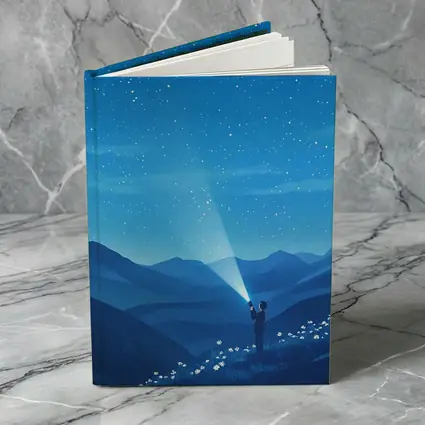 Boy Shining Flashlight Into Starry Night Sky
