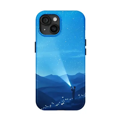 Boy Shining Flashlight Into Starry Night Sky