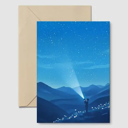 Boy Shining Flashlight Into Starry Night Sky