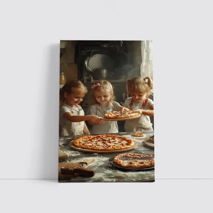 Girls Making Pizza in Rustic Kitchen