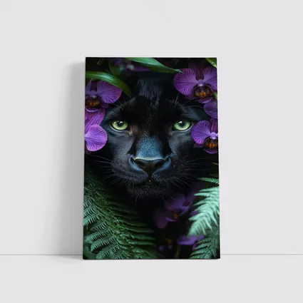 Black Panther With Purple Orchids Jungle