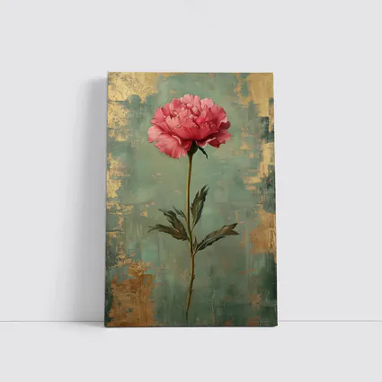 Pink Peony Oil Painting Teal Gold Background