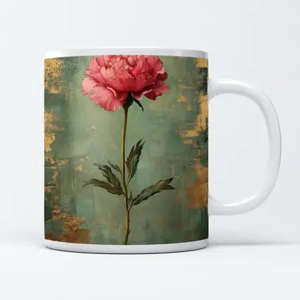 Pink Peony Oil Painting Teal Gold Background