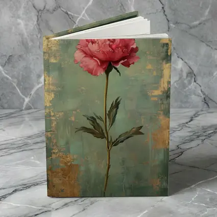 Pink Peony Oil Painting Teal Gold Background