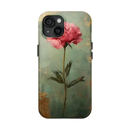 Pink Peony Oil Painting Teal Gold Background