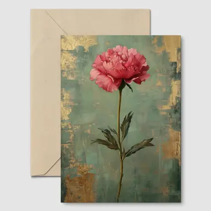 Pink Peony Oil Painting Teal Gold Background