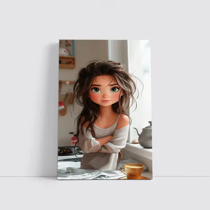 Cartoon Girl Green Eyes Kitchen Morning