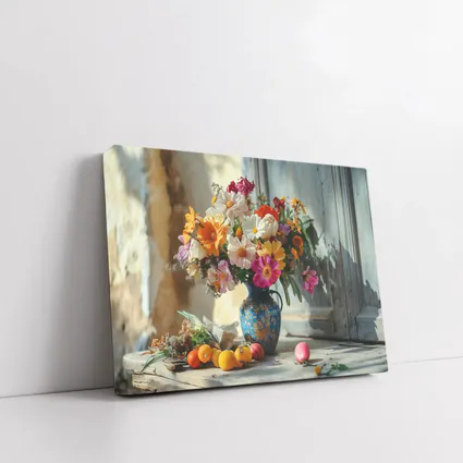 Colorful Wildflowers Blue Vase Rustic Setting
