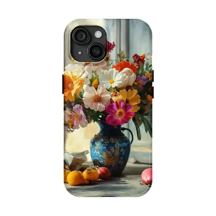 Colorful Wildflowers Blue Vase Rustic Setting