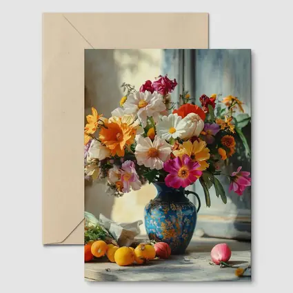 Colorful Wildflowers Blue Vase Rustic Setting