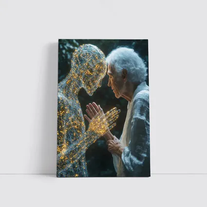 Elderly Woman Touching Glowing Wire Figure