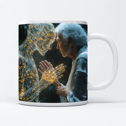 Elderly Woman Touching Glowing Wire Figure