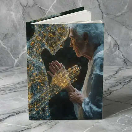 Elderly Woman Touching Glowing Wire Figure