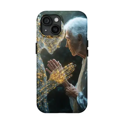Elderly Woman Touching Glowing Wire Figure