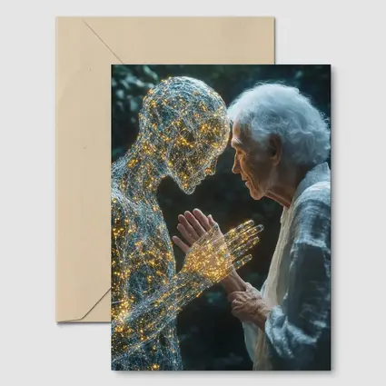 Elderly Woman Touching Glowing Wire Figure
