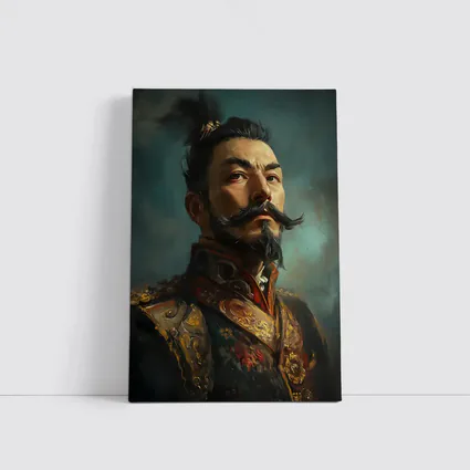 Asian Warrior Portrait Oil Painting Blue Background