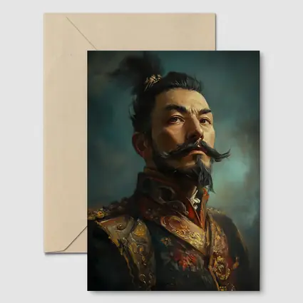 Asian Warrior Portrait Oil Painting Blue Background