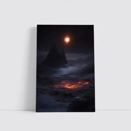 Dark Fantasy Volcanic Landscape Glowing Moon