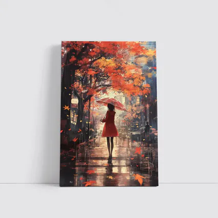 Anime Girl Red Umbrella Autumn Rain Street