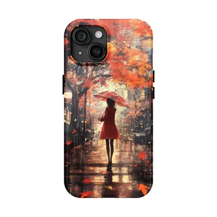Anime Girl Red Umbrella Autumn Rain Street