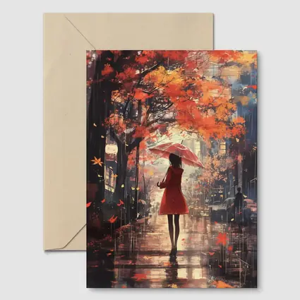 Anime Girl Red Umbrella Autumn Rain Street