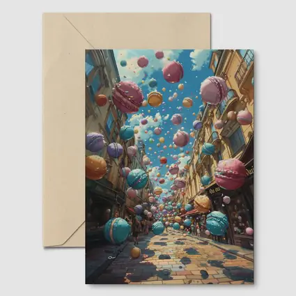Macarons Floating Over Parisian Street Fantasy