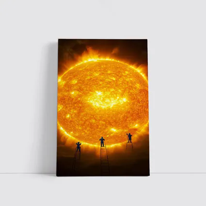 Workers on Ladders Touching Giant Sun