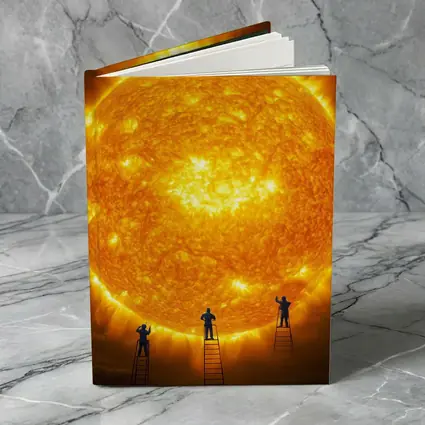 Workers on Ladders Touching Giant Sun