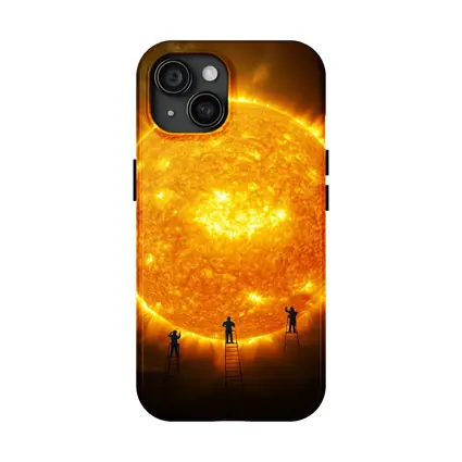 Workers on Ladders Touching Giant Sun