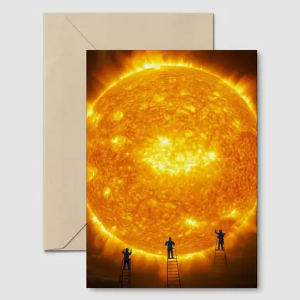 Workers on Ladders Touching Giant Sun