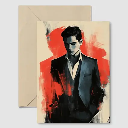 Stylish Man in Suit Red Abstract Background