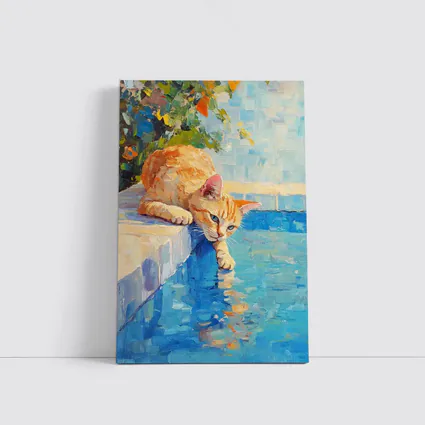 Orange Cat By Pool Oil Painting