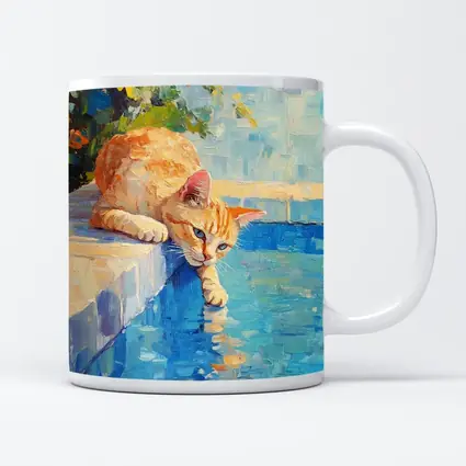 Orange Cat By Pool Oil Painting