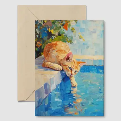 Orange Cat By Pool Oil Painting