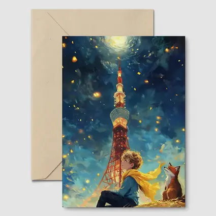 Boy and Fox Under Tokyo Tower Night