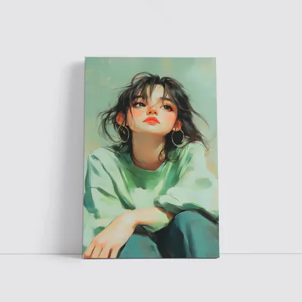 Young Woman Portrait Painting Green Background
