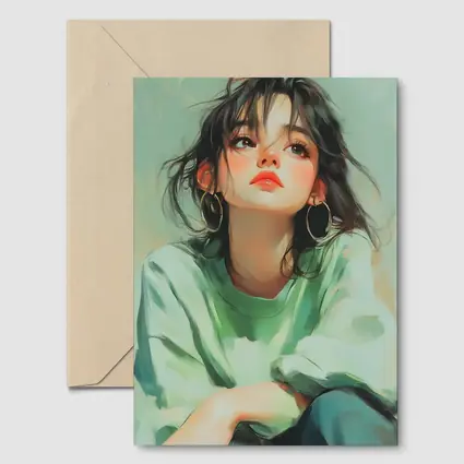 Young Woman Portrait Painting Green Background