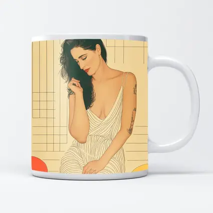 Tattooed Woman Illustration Retro Geometric Background