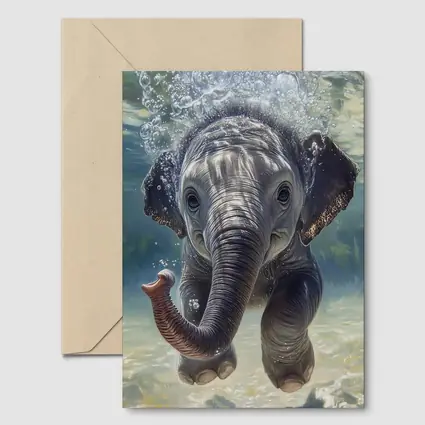 Baby Elephant Swimming Underwater Blue Green