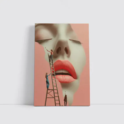 Tiny Women Painting Giant Face Pink